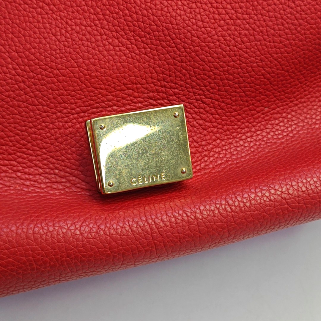 CELINE TRAPEZE Small size Red Leather Swing Bag Single Shoulder Bag Handbag Crossbody Golden hardware Removable shoulder strap-(SKU)-947188995