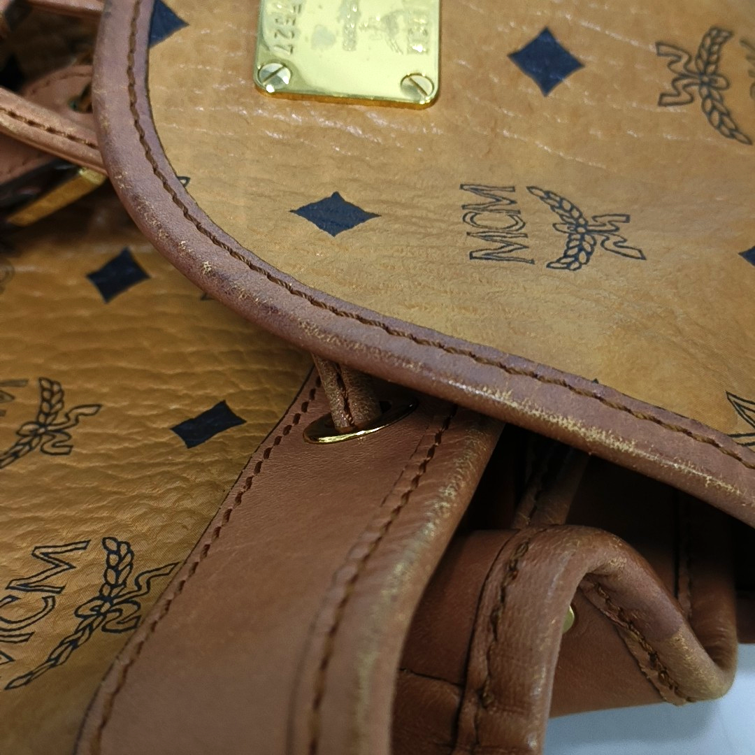 MCM Cognac Coated Canvas Monogrammed Backpack Golden hardware-(SKU)-951930001