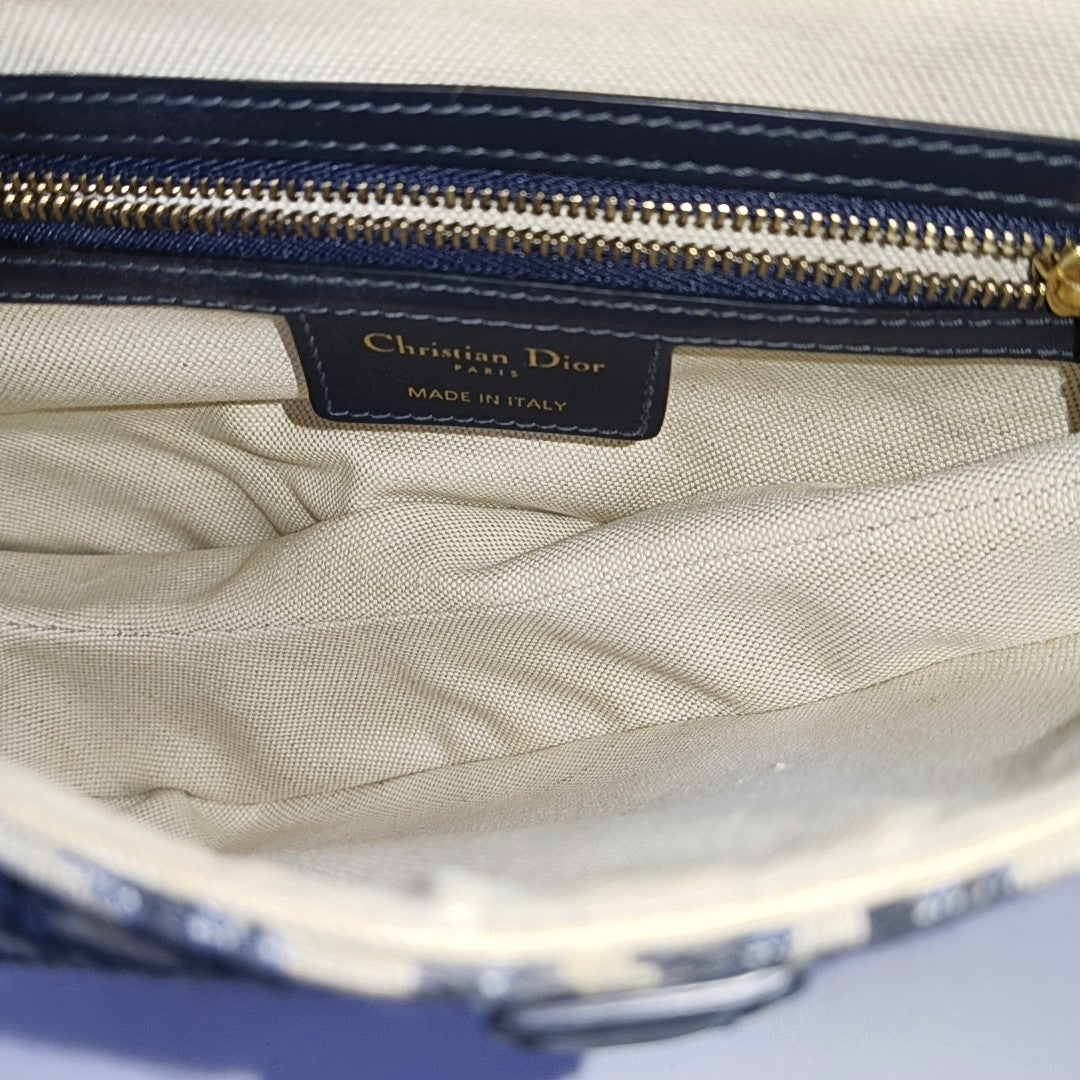 DIOR Saddle Small Size Blue Canvas Monogram Saddle Bag Single Shoulder Bag Golden Hardware-(SKU)-966733387