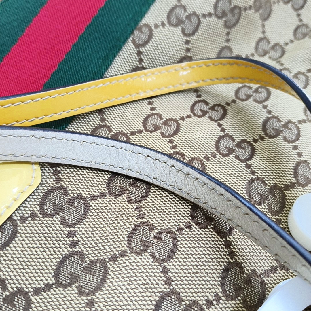 GUCCI Jolicoeur Medium size Khaki Canvas Monogrammed Striped Webbing Single Shoulder Bag Tote Bag Golden hardware-(SKU)-955054471