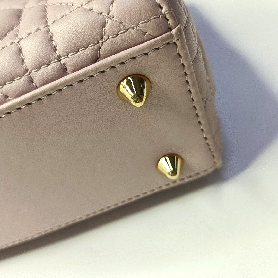 DIOR Lady Dior Small Pink Purple Lamb Skin Cannage 4-Compartment Shoulder Bag Crossbody Bag Gold Hardware Removable Strap-(SKU)-967754784