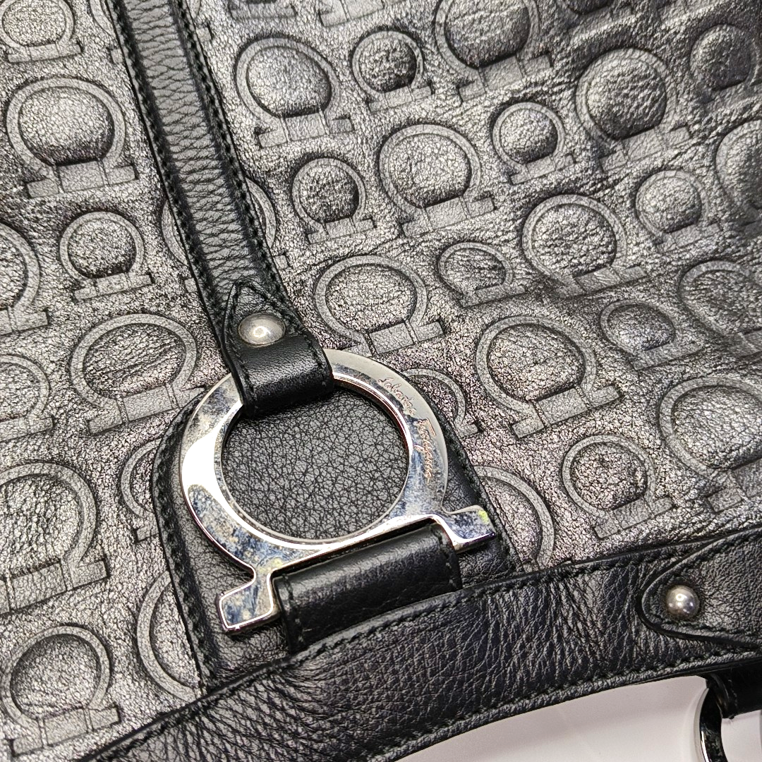 FERRAGAMO Marissa Dark Gray Fabric Textured Handbag Silver Hardware-(SKU)-928999227