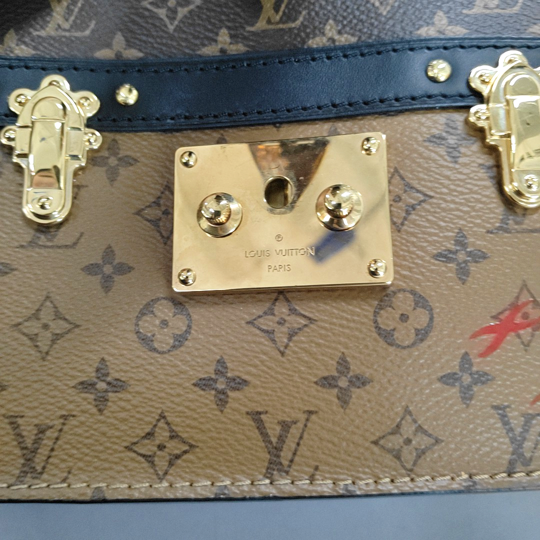 LOUIS VUITTON TRUNK Brown Coated Canvas Monogram Crossbody Bag Shoulder Bag Golden Hardware Removable Strap Accessories Included-(SKU)-943345800
