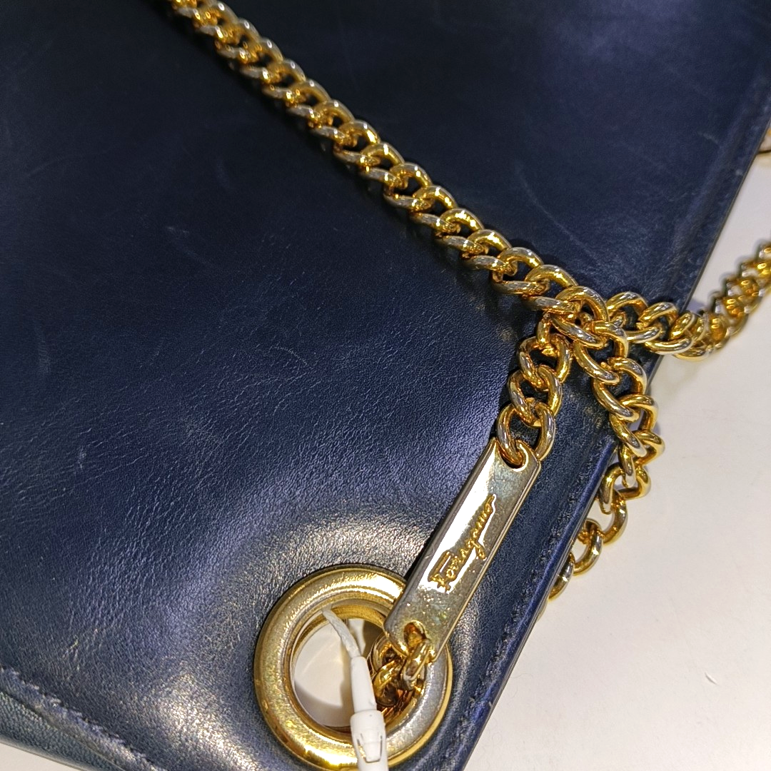 FERRAGAMO Dark Blue Cowhide Embossed Crossbody Bag Single Shoulder Bag Handbag Golden hardware-(SKU)-940146555