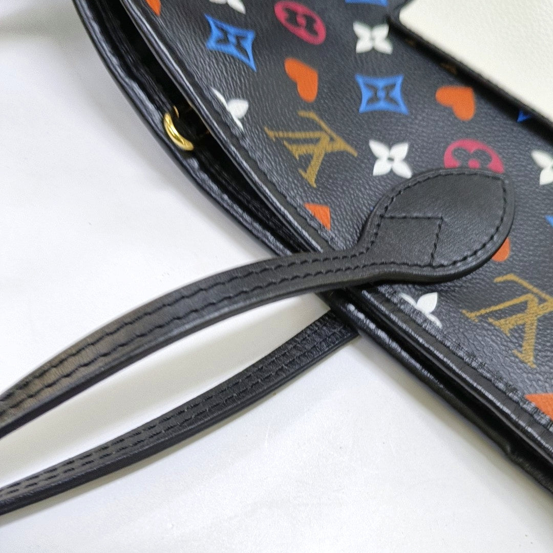 LOUIS VUITTON NEVERFULL Medium Black Coated Canvas Monogram Shopping Tote Shoulder Bag Tote Bag Gold Hardware Pockets-(SKU)-965551078