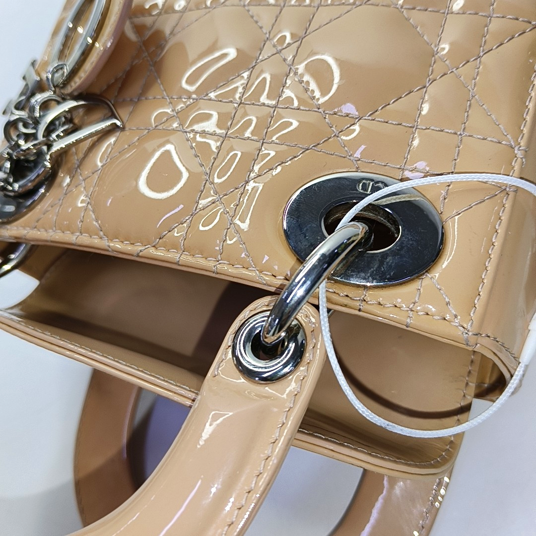 DIOR Lady Dior Mini Khaki Patent Leather Cannage Quilted Hobo Shoulder Bag Handbag Crossbody Bag 18 Clasp Silver Hardware Removable Shoulder Strap-(SKU)-961779565