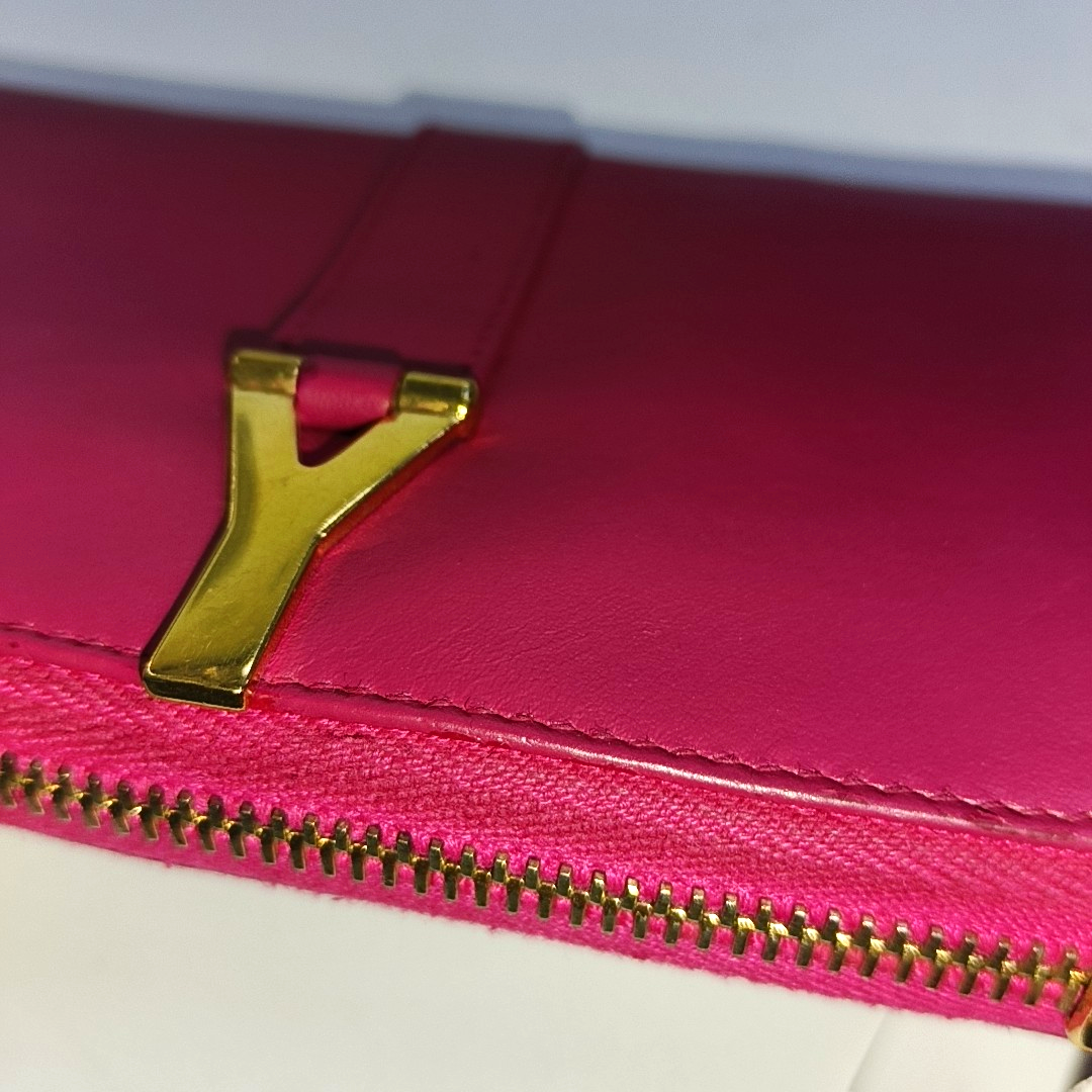 YSL Fuchsia Leather Wallet Golden hardware-(SKU)-935677489