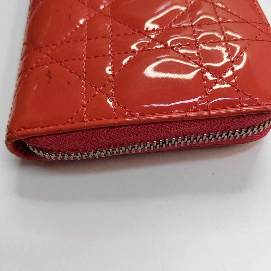 DIOR Lady Dior Red patent leather wicker pattern quilted wallet Golden hardware-(SKU)-945065064