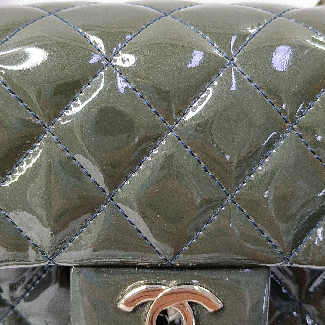 CHANEL CLASSIC FLAP Mini Deep Green Patent Leather Quilted Large Mini Shoulder Bag Silver Hardware 20 Clasp-(SKU)-968080127