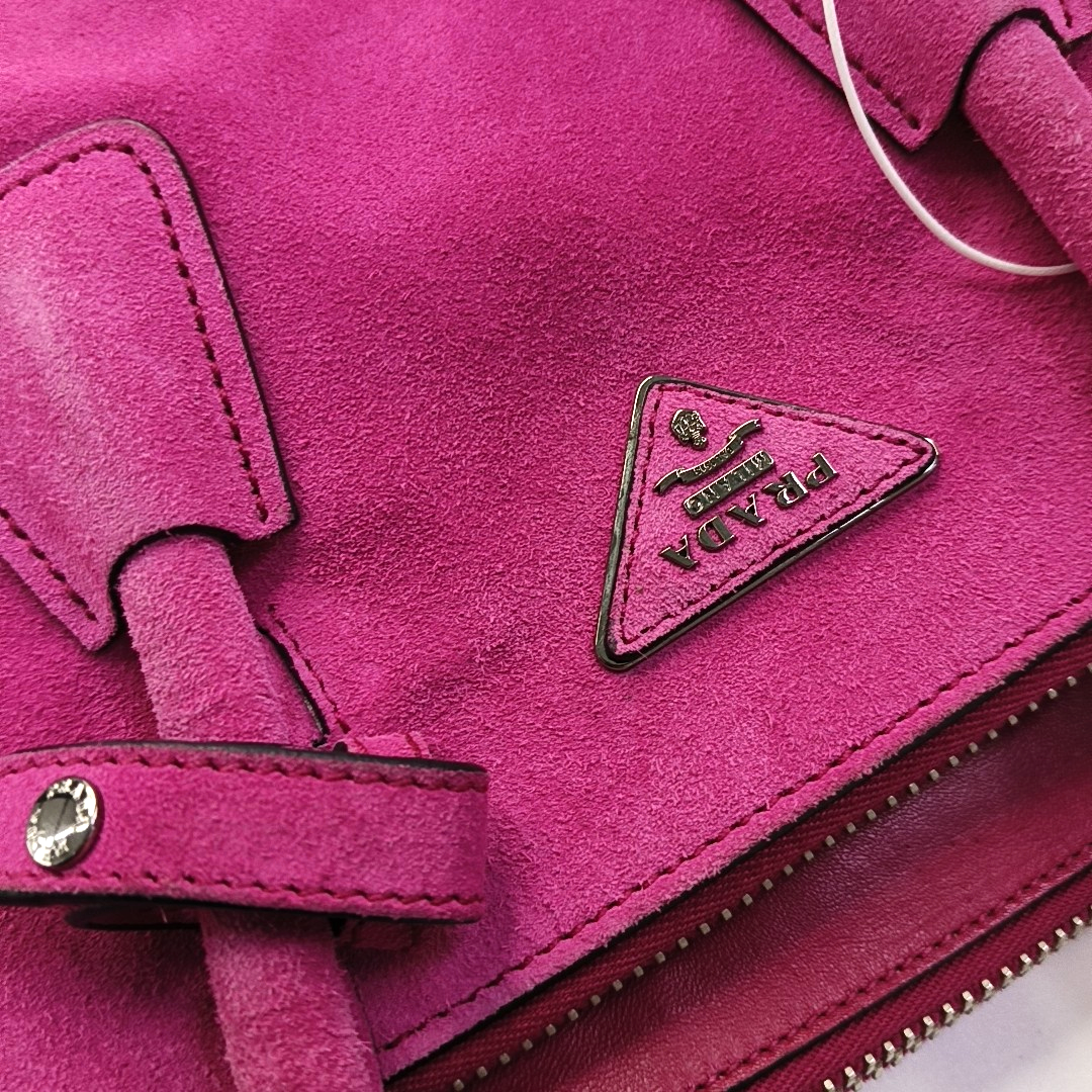 PRADA Pink Suede Logo Single Shoulder Bag Crossbody Tote Silver Hardware Removable shoulder strap-(SKU)-956356987