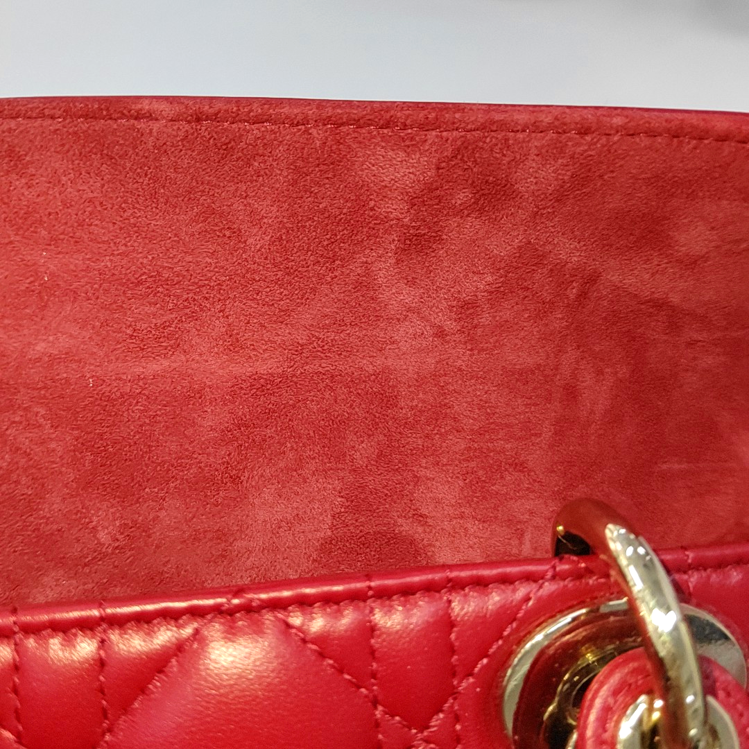 DIOR Lady D-Joy Small Red Lamb Skin Quilted Cannage Five-Panel Shoulder Bag with Detachable Strap, Gold Hardware-(SKU)-958281781
