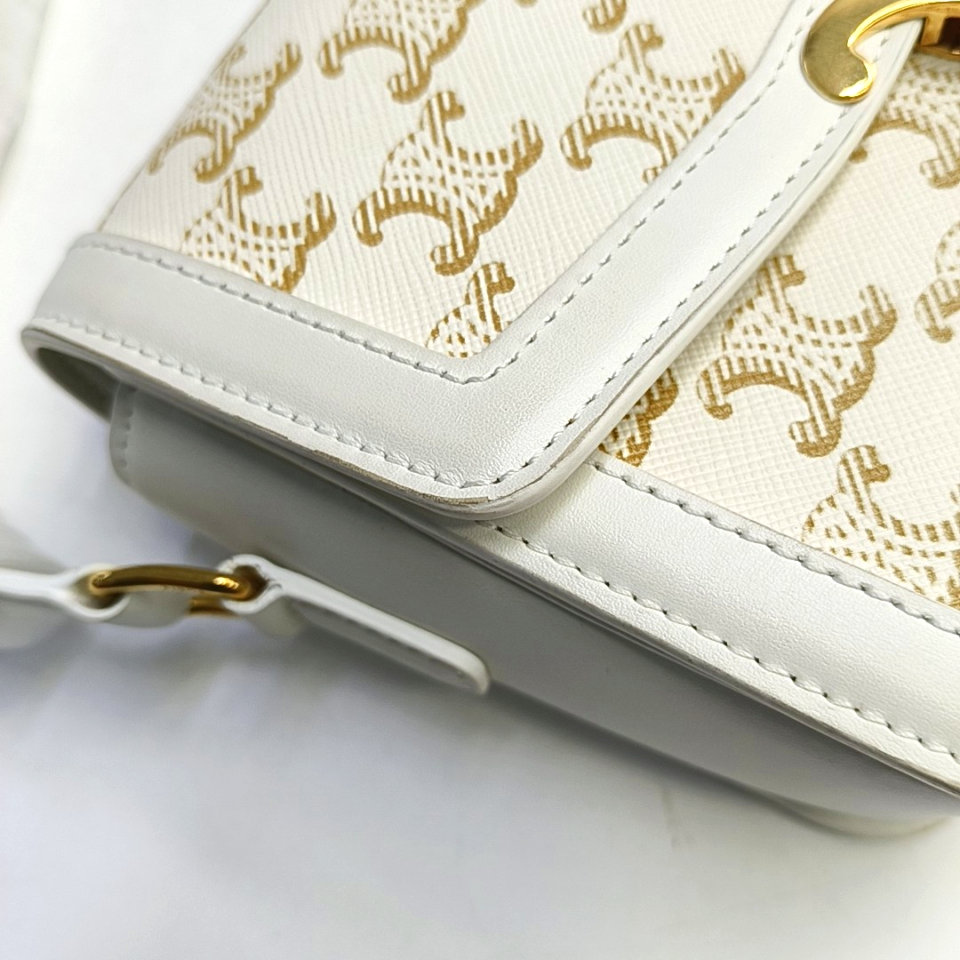 CELINE TRIOMPHE Small White Coated Canvas Triomphe Crossbody Single Shoulder Bag with Gold Hardware-(SKU)-953576570