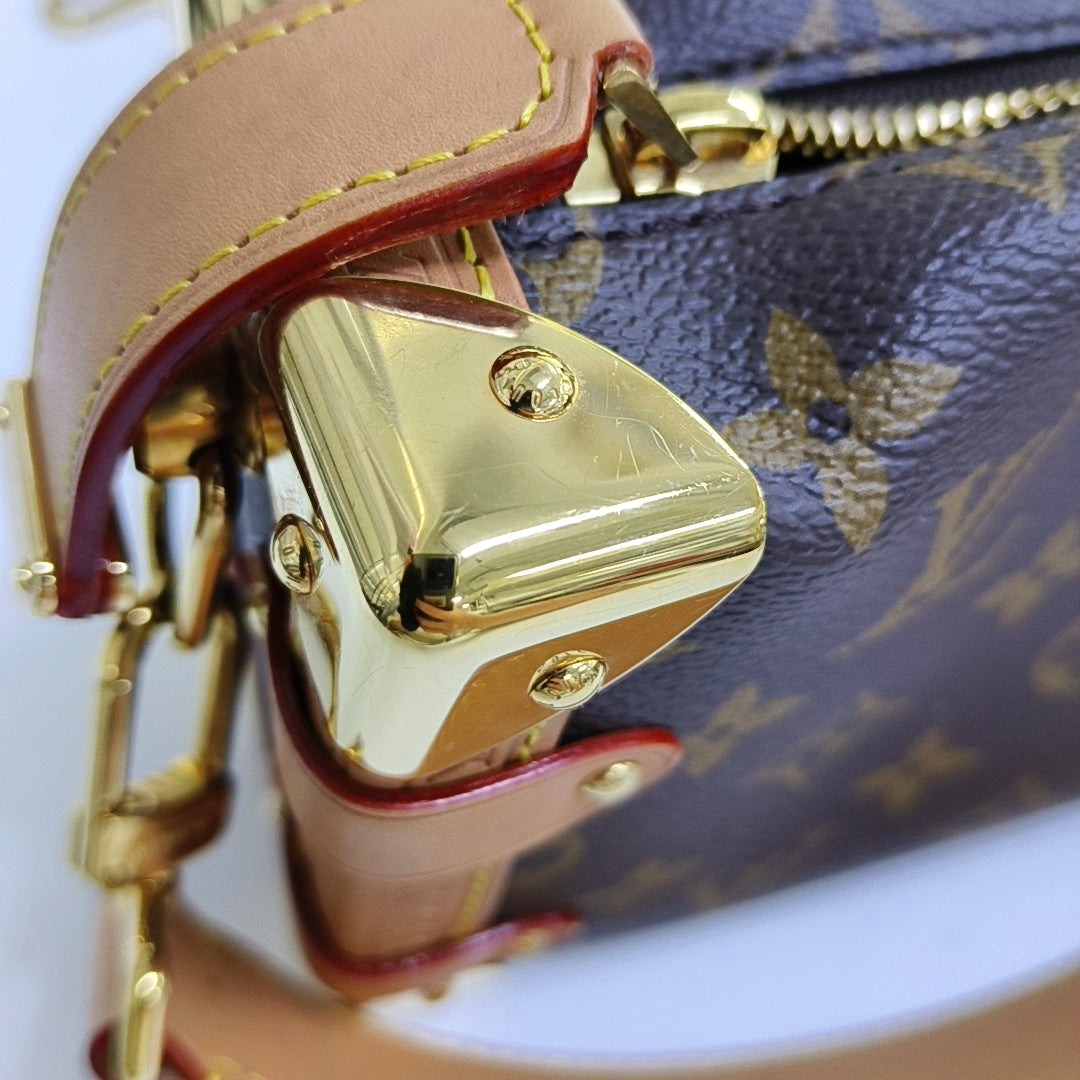 LOUIS VUITTON SIDE TRUNK Small Size Brown Coated Canvas Monogram Embossed Riveted Soft Box Shoulder Bag Tote Bag Crossbody Bag Gold Hardware Two Removable Straps-(SKU)-967707192