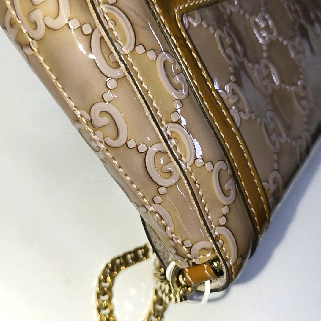 GUCCI Light Purple Patent Leather Monogram Damask Single Shoulder Bag Golden hardware-(SKU)-942136381