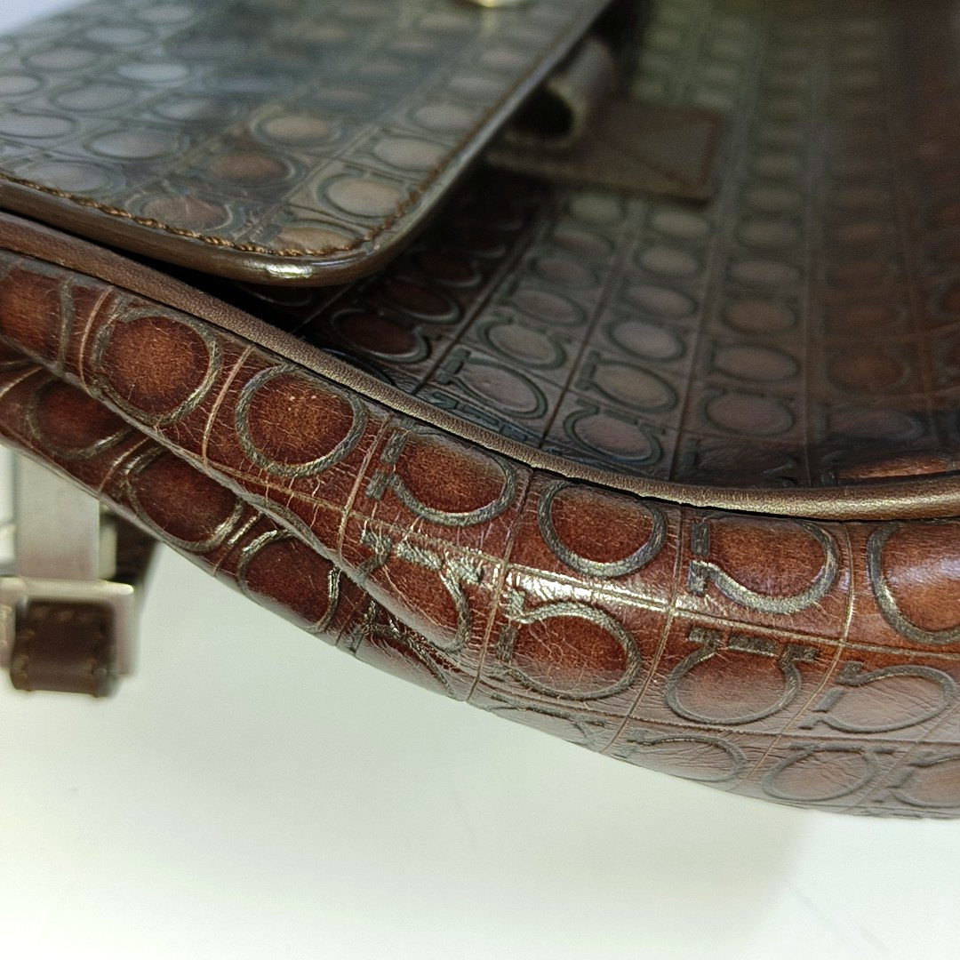 FERRAGAMO Chocolate Brown Leather Embossed Clutch Silver Hardware-(SKU)-942092439