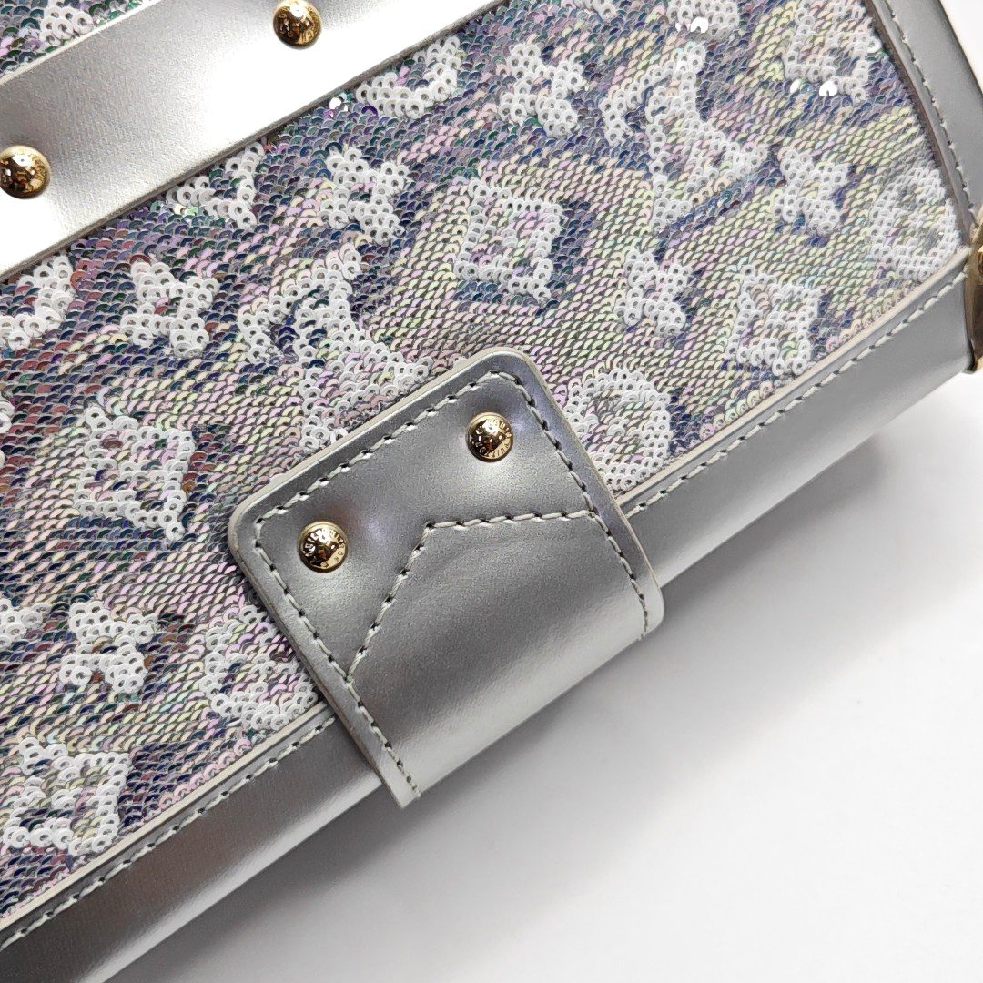 LOUIS VUITTON PETITE MALLE Silver Satin Shoulder Bag Crossbody Golden Hardware Removable Shoulder Strap Complete Accessories-(SKU)-961332912