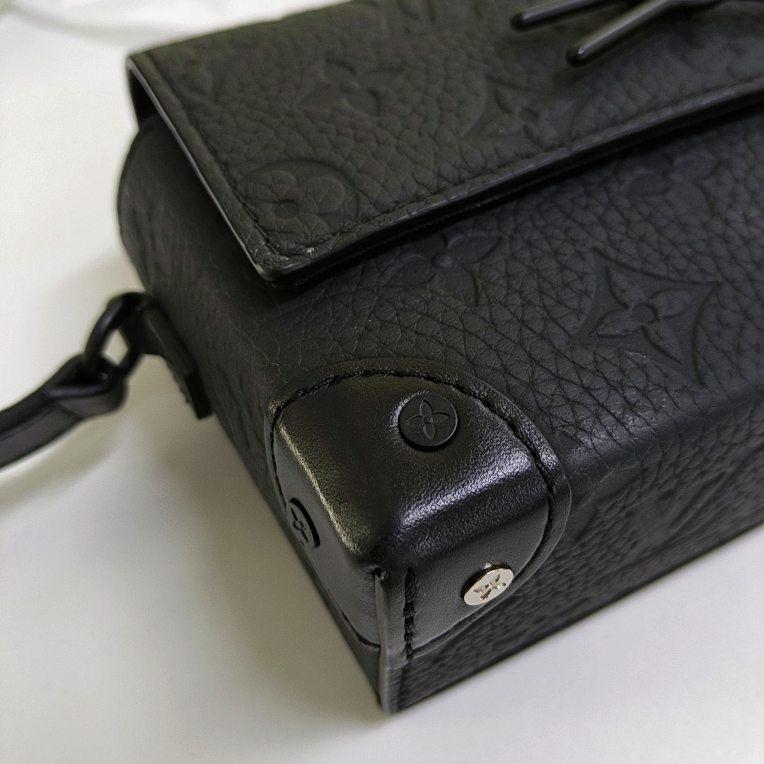 LOUIS VUITTON SOFT TRUNK Mini Black Leather Vintage Embossed Black Samurai Crossbody Shoulder Bag Black Hardware-(SKU)-964773584
