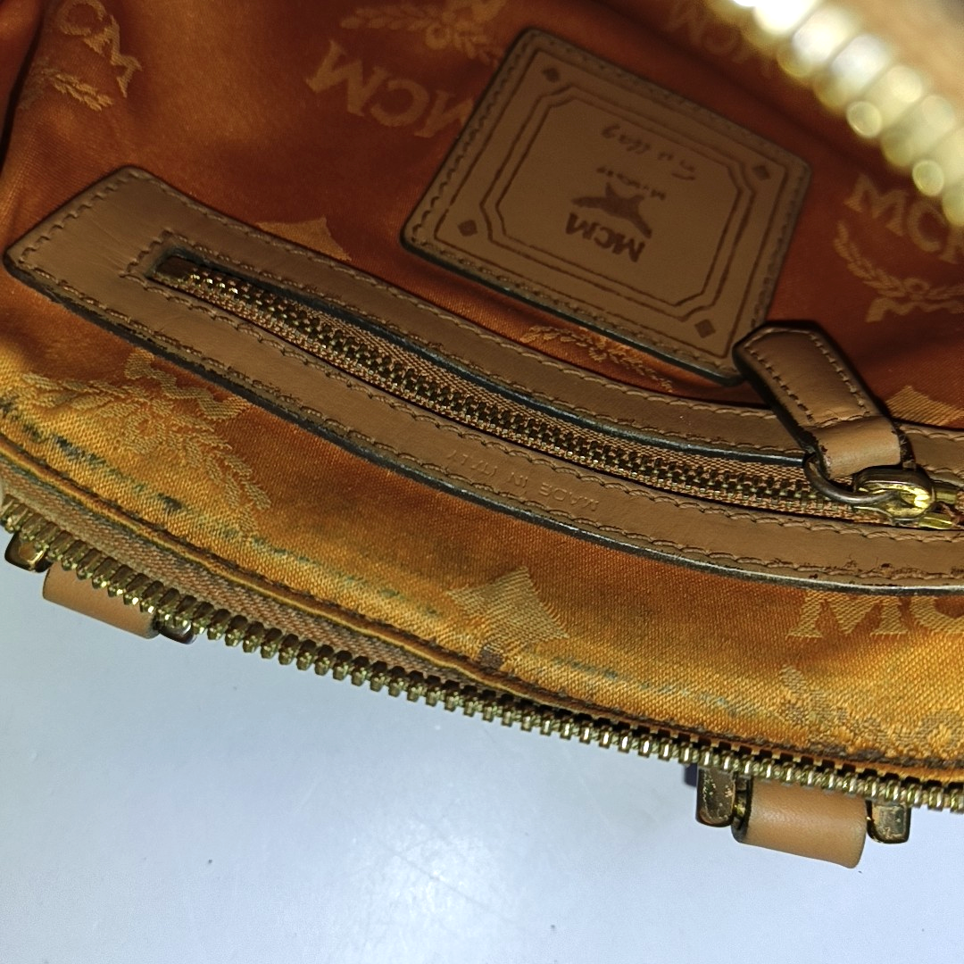 MCM ESSENTIAL Cognac Coated Canvas Monogram Print Boston Bag Single Shoulder Bag Handbag Crossbody Bag Golden hardware Removable shoulder strap-(SKU)-942033097