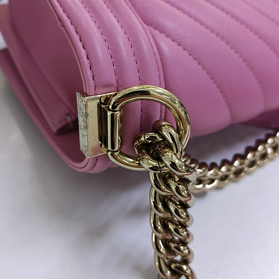 CHANEL BOY CHANEL Medium Size Pink Leather V-Shape Shoulder Bag Crossbody Bag Gold Hardware-(SKU)-953183002