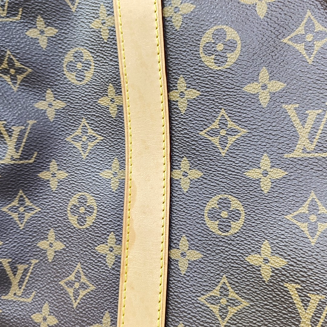 LOUIS VUITTON KEEPALL 50, brown coated canvas monogram Boston bag, shoulder bag, handbag with golden hardware and detachable strap-(SKU)-958409659