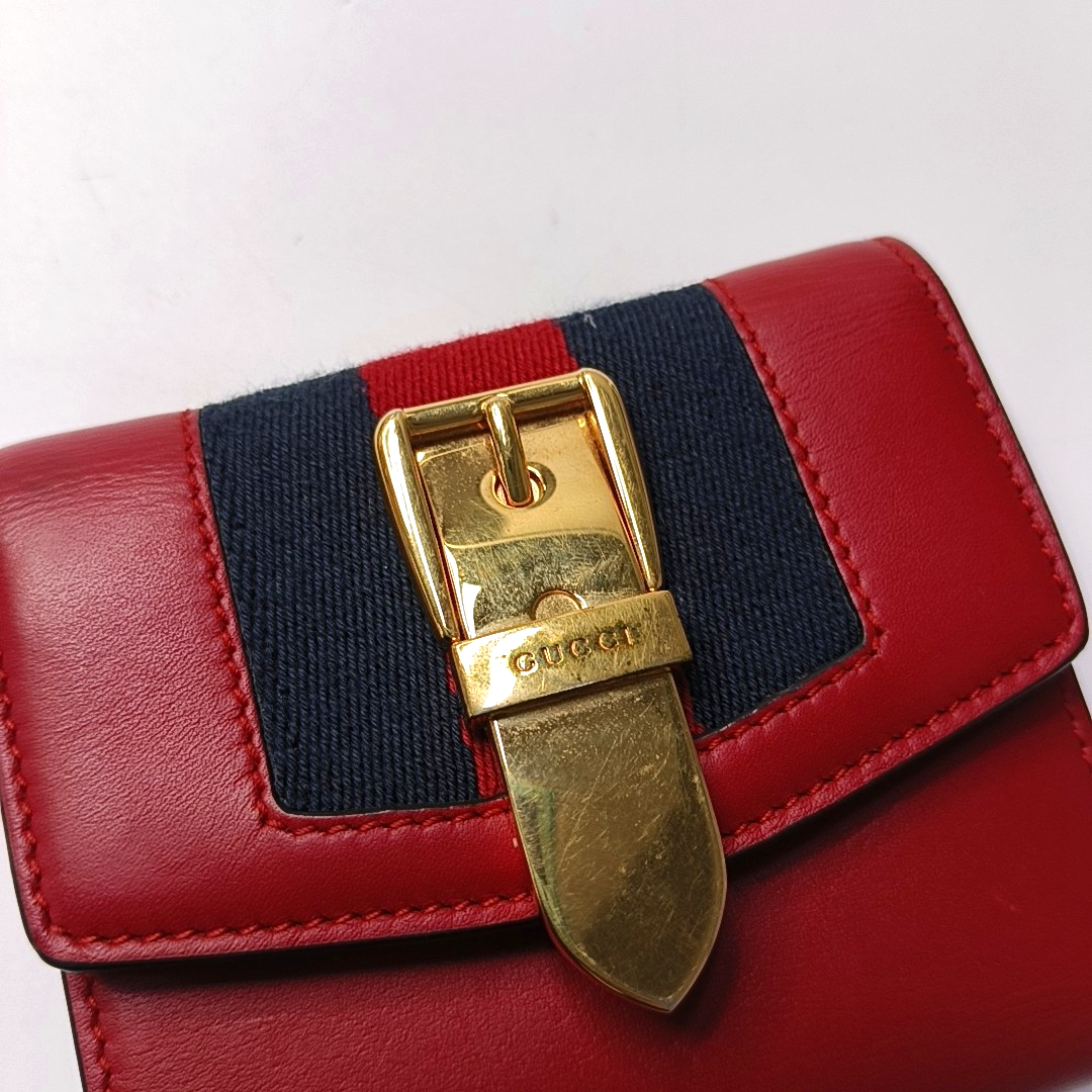 GUCCI Sylvie Red Leather Striped Strap Serb Wallet Golden hardware-(SKU)-946899209