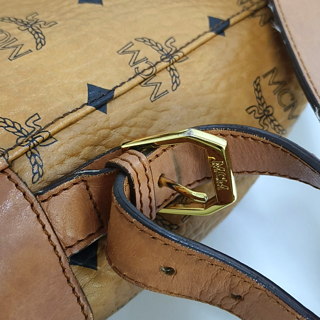 MCM Cognac Coated Canvas Monogrammed Backpack Golden hardware-(SKU)-951930001