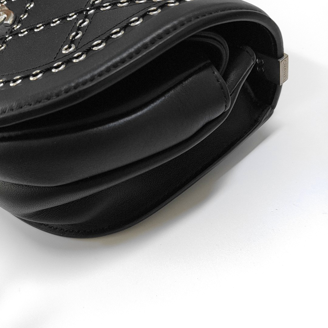 CHANEL COCO EYELETS Black Leather Quilted Single Shoulder Bag Crossbody Bag Silver Hardware 25 Clasp-(SKU)-952886640
