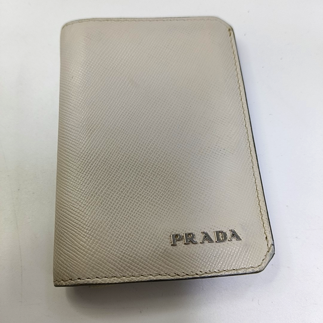 PRADA White Cowhide Crosshatch Card Case Silver Hardware-(SKU)-943649061