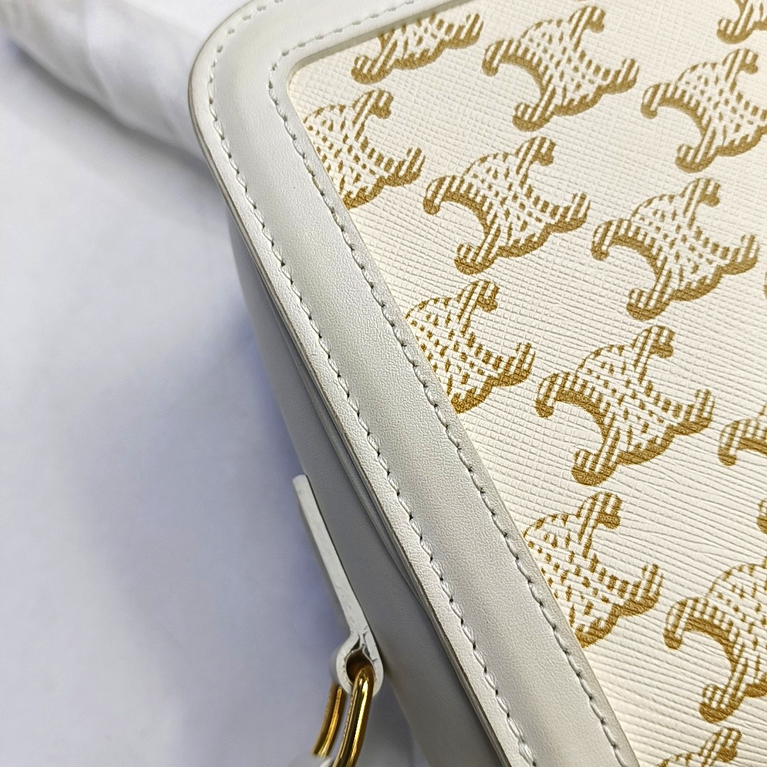 CELINE TRIOMPHE Small White Coated Canvas Triomphe Crossbody Single Shoulder Bag with Gold Hardware-(SKU)-953576570