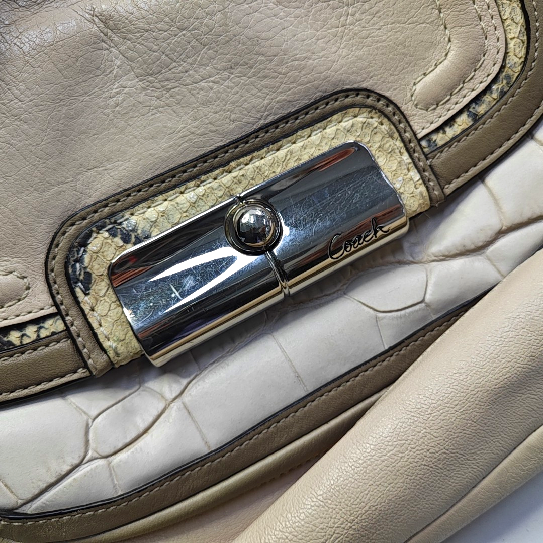 COACH Beige Leather Stamped Single Shoulder Bag Handbag Silver Hardware-(SKU)-943932252