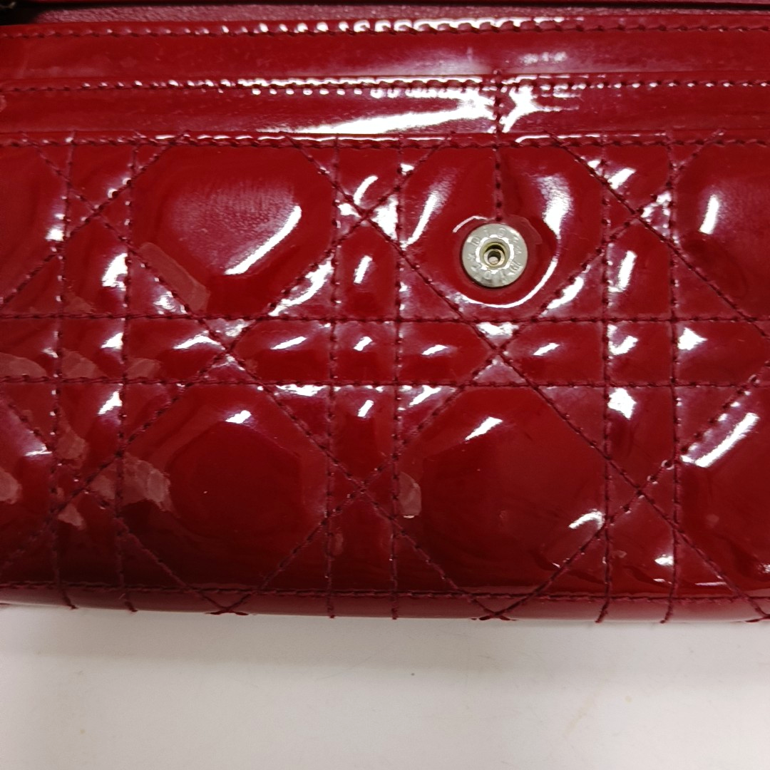 DIOR Lady Dior Burgundy Patent Leather Basketweave Stitched Wallet Golden hardware-(SKU)-950463180
