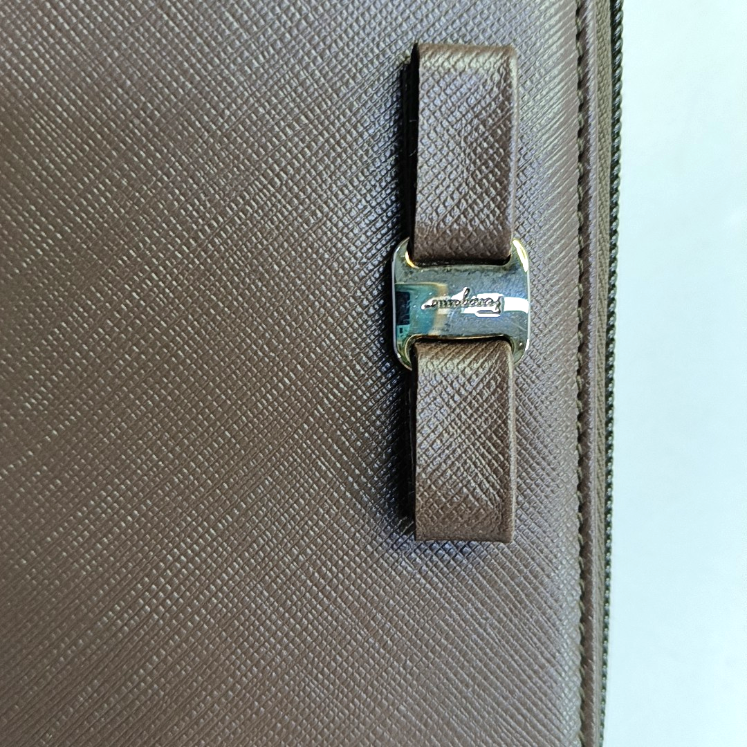 FERRAGAMO Vara Dark Brown Leather Embossed Wallet Silver Hardware-(SKU)-943942165