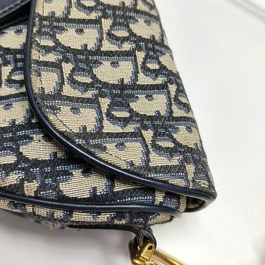 DIOR Saddle Small Blue Canvas Monogram Damier Embossed Saddle Bag, Shoulder Bag, Golden Hardware, Removable Strap-(SKU)-971349303