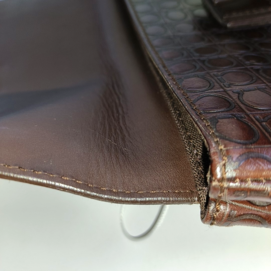 FERRAGAMO Chocolate Brown Leather Embossed Clutch Silver Hardware-(SKU)-942092439