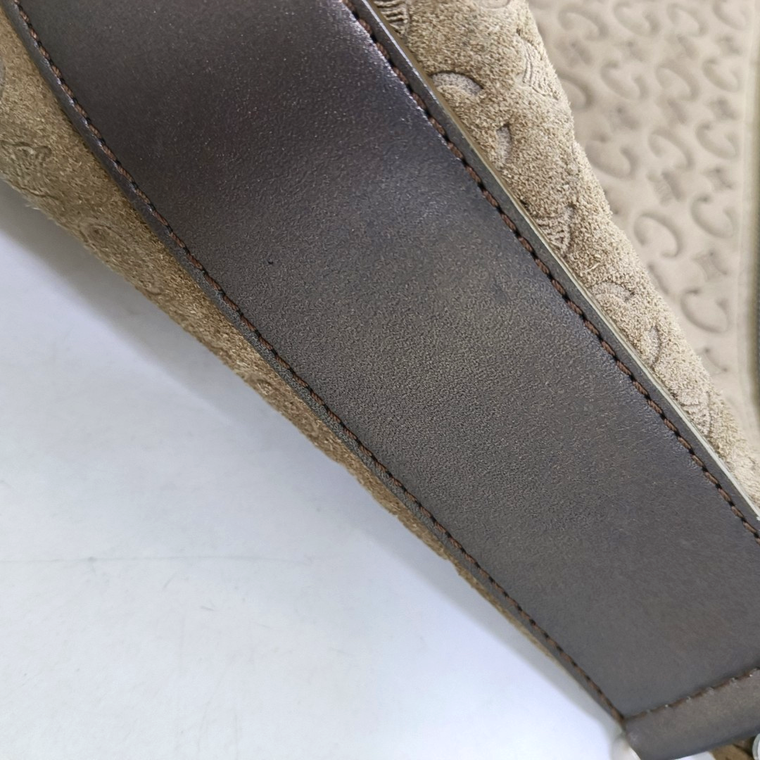 CELINE Khaki Velvet Leather Triumph Arch Embossed Single Shoulder Bag Handbag Silver Hardware-(SKU)-958683892
