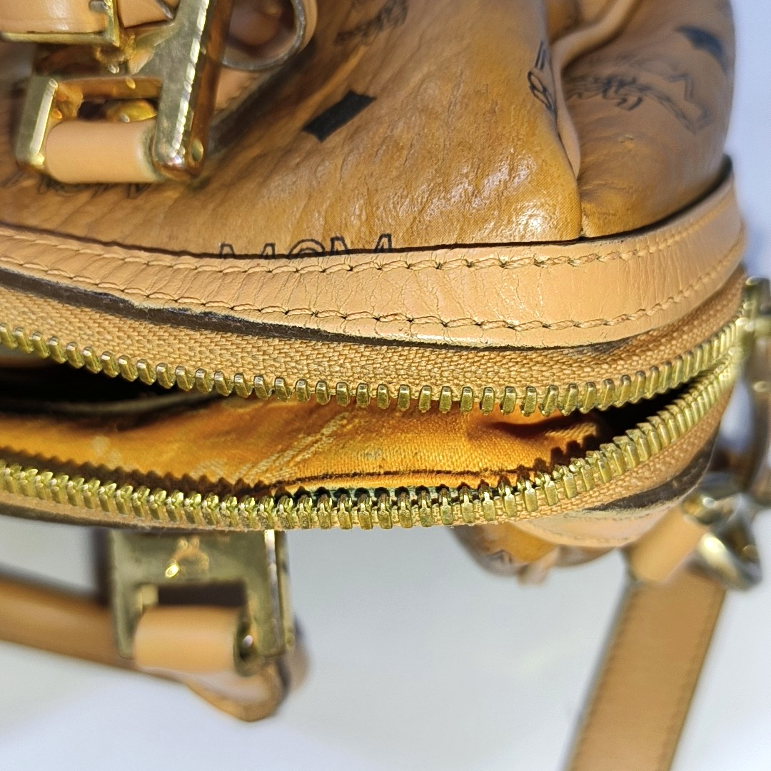 MCM ESSENTIAL Cognac Coated Canvas Monogram Print Boston Bag Single Shoulder Bag Handbag Crossbody Bag Golden hardware Removable shoulder strap-(SKU)-942033097