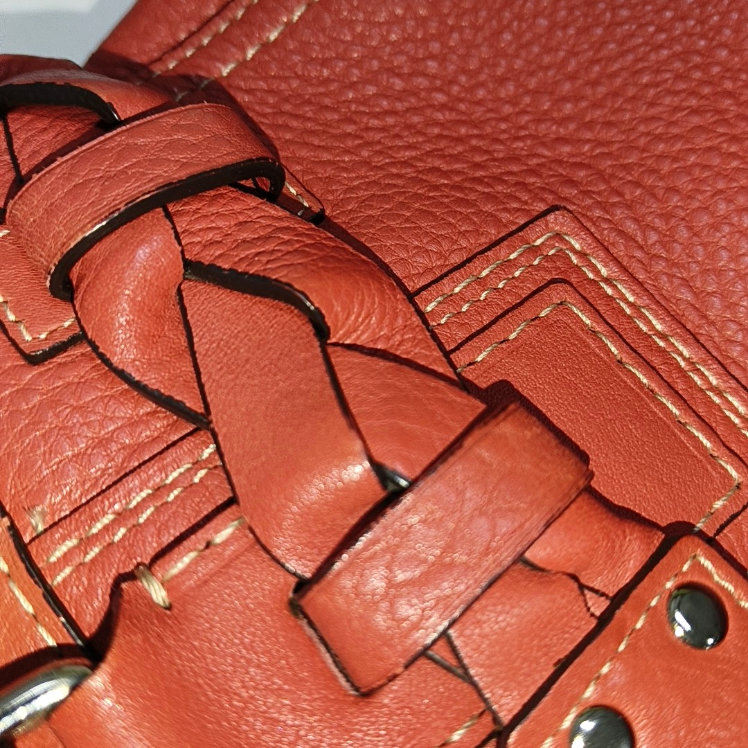 COACH HAMPTON Watermelon Red Calf Leather Fringe Weave Handbag Silver Hardware-(SKU)-928565147
