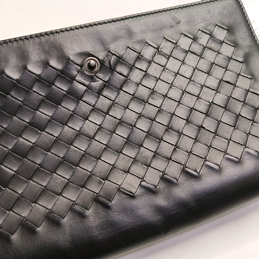 BOTTEGA VENETA Black Calf Leather Woven Clutch Black hardware-(SKU)-945681166