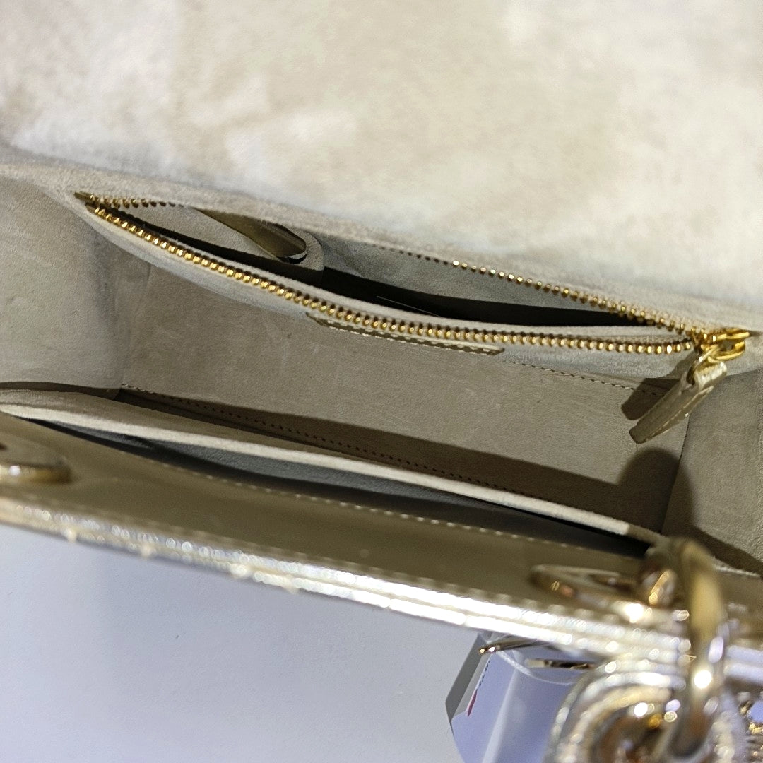 DIOR Lady Dior Small Champagne Lamb Skin Quilted Four Compartments Shoulder Bag Tote Crossbody Bag with Detachable Strap-(SKU)-969145755