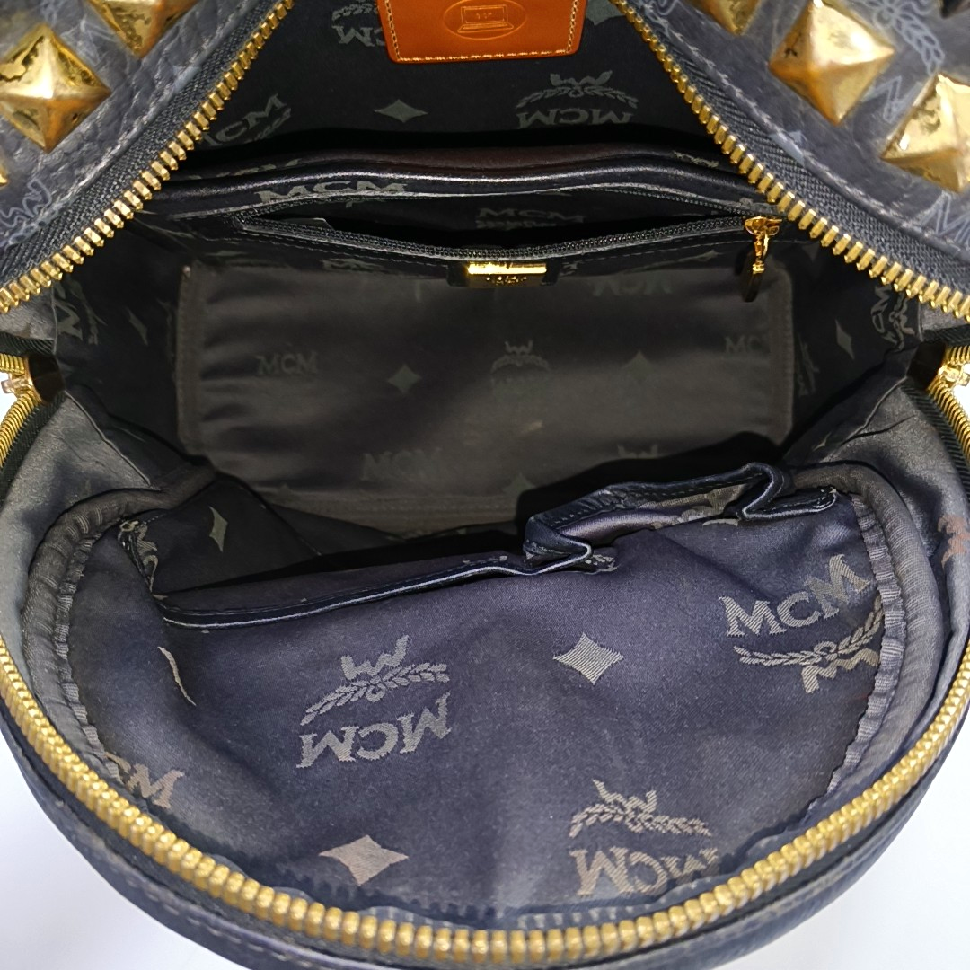 MCM STARK Small size Black Coated Canvas Monogram Studs Backpack Golden hardware-(SKU)-942517154