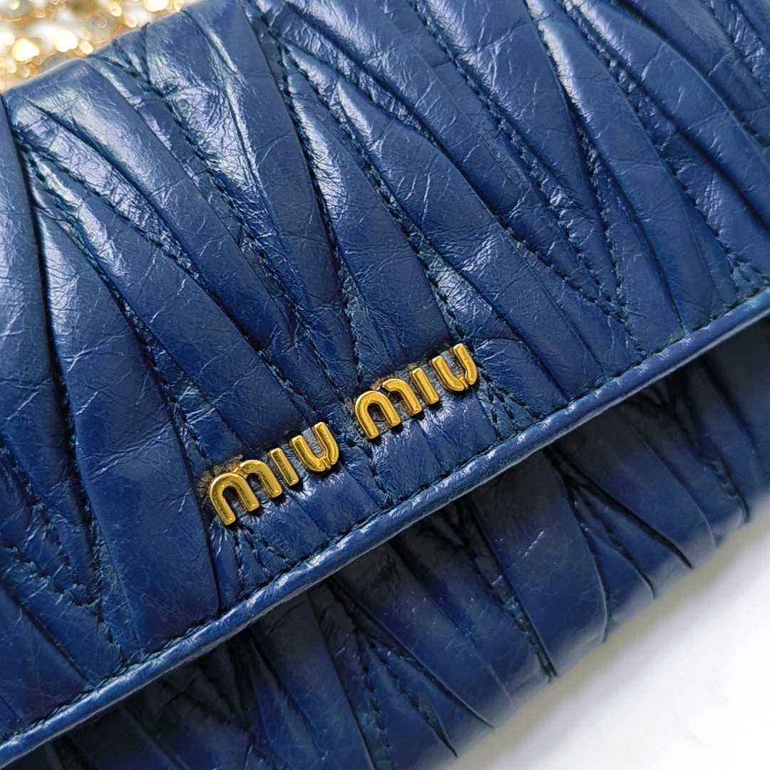 Miu Miu Dark Blue Sheepskin Stitched Wallet Golden hardware-(SKU)-950467224