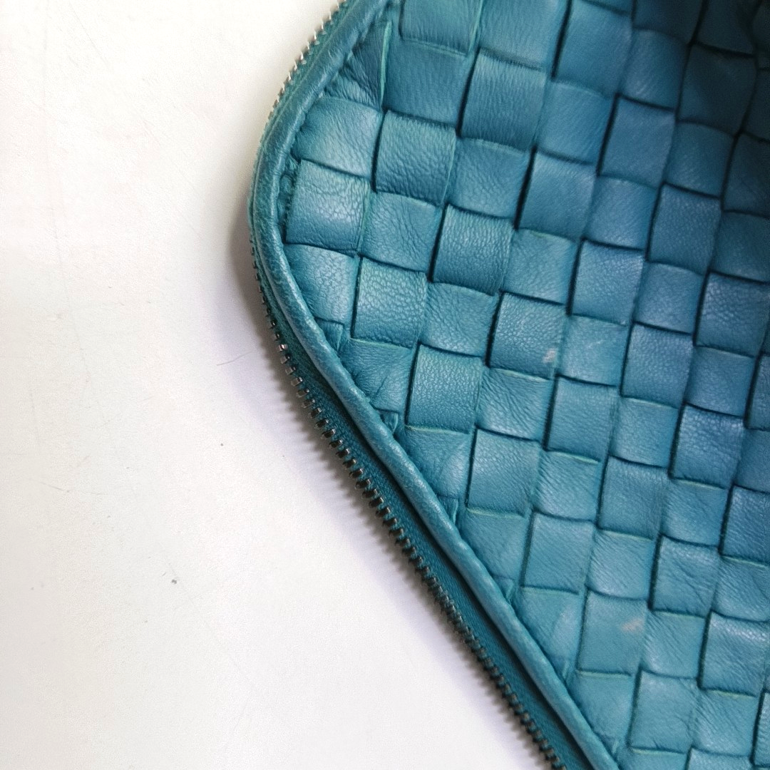 BOTTEGA VENETA Blue-Green Sheepskin Woven Handbag Black hardware-(SKU)-951463854