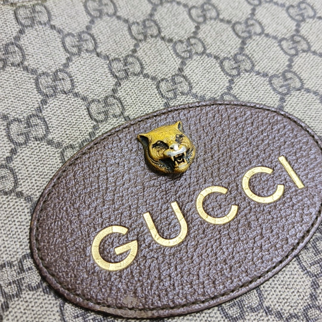 GUCCI Neo Vintage Khaki Coated Canvas Monogram Tiger Head Bag Clutch Golden hardware-(SKU)-946504003