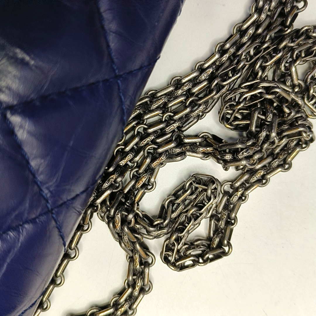 CHANEL 2.55 Large Deep Blue Vintage Calfskin Quilted Chevron Single Shoulder Bag with Palladium Hardware-(SKU)-955055136