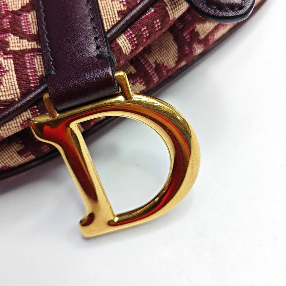 DIOR Saddle Mini Red Canvas Monogram Damier Embossed Saddle Bag, Shoulder Bag, Golden Hardware, Removable Strap-(SKU)-969254795