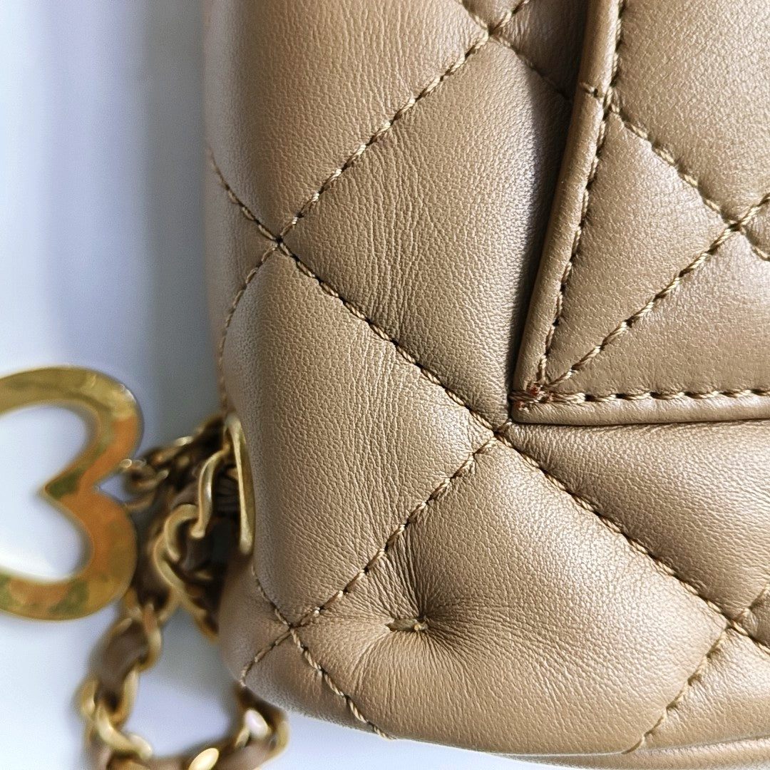 CHANEL CLASSIC FLAP Mini Khaki Lamb Leather Quilted Chevron Shoulder Crossbody Bag Golden Hardware-(SKU)-969262802