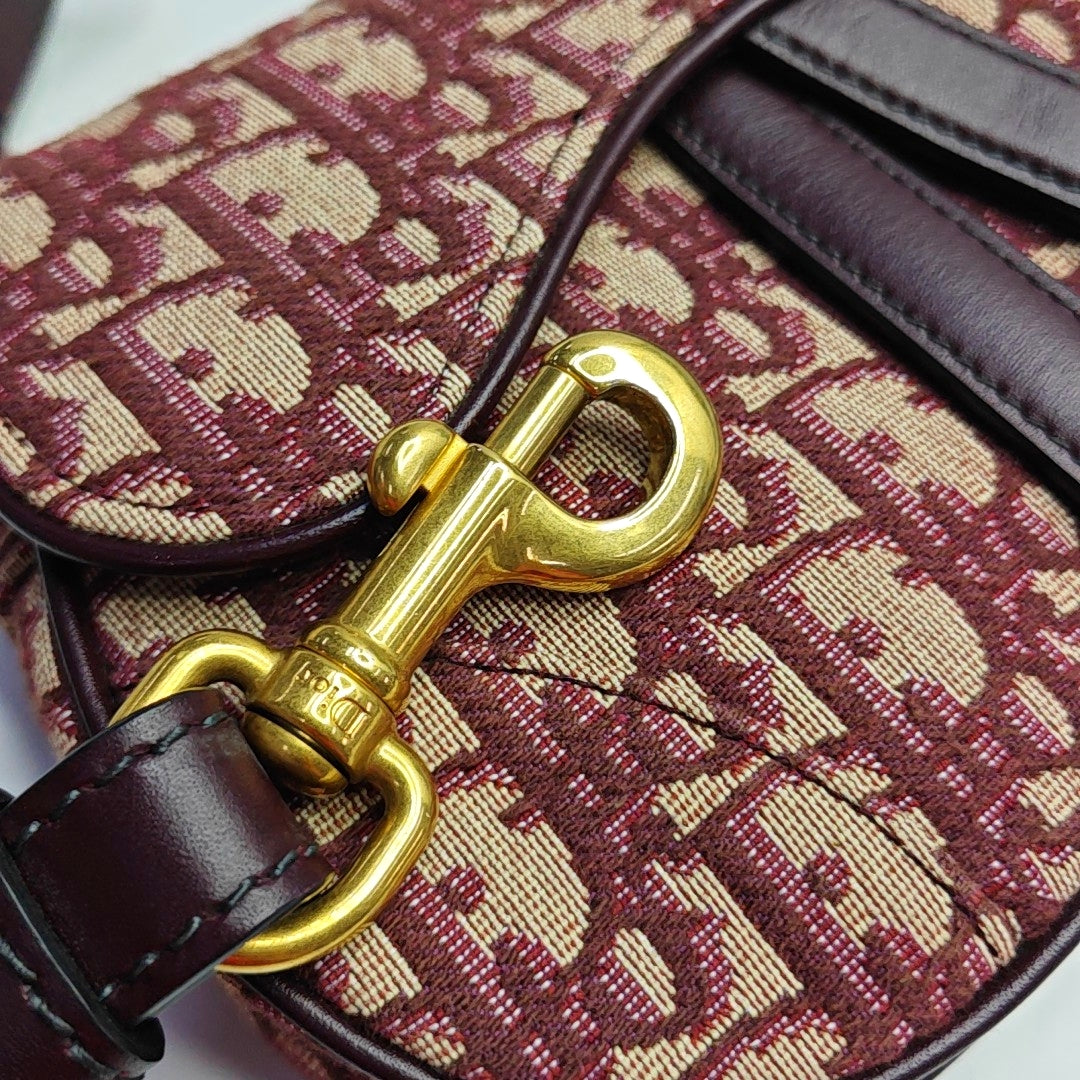 DIOR Saddle Mini Red Canvas Monogram Damier Embossed Saddle Bag, Shoulder Bag, Golden Hardware, Removable Strap-(SKU)-969254795