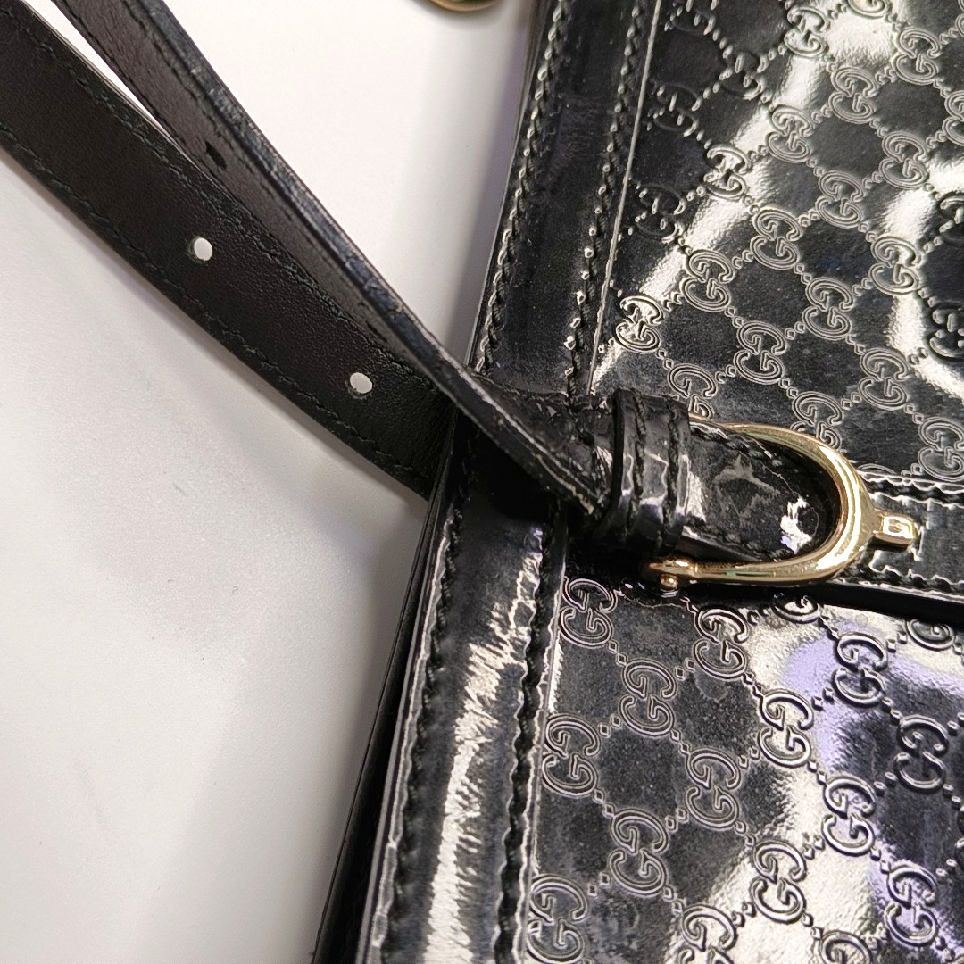 GUCCI Microguccissima Black Patent Leather Monogram Embossed Single Shoulder Bag Handbag Golden hardware-(SKU)-958985307