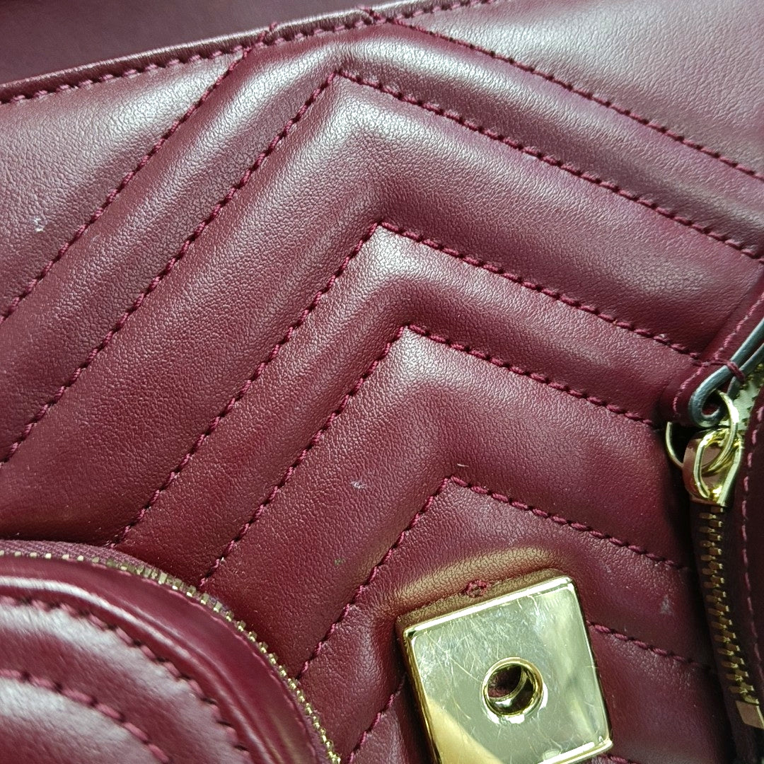 GUCCI GG Marmont Small Burgundy Calfskin Quilted Wave Pattern Crossbody Bag with Gold Hardware-(SKU)-971223206