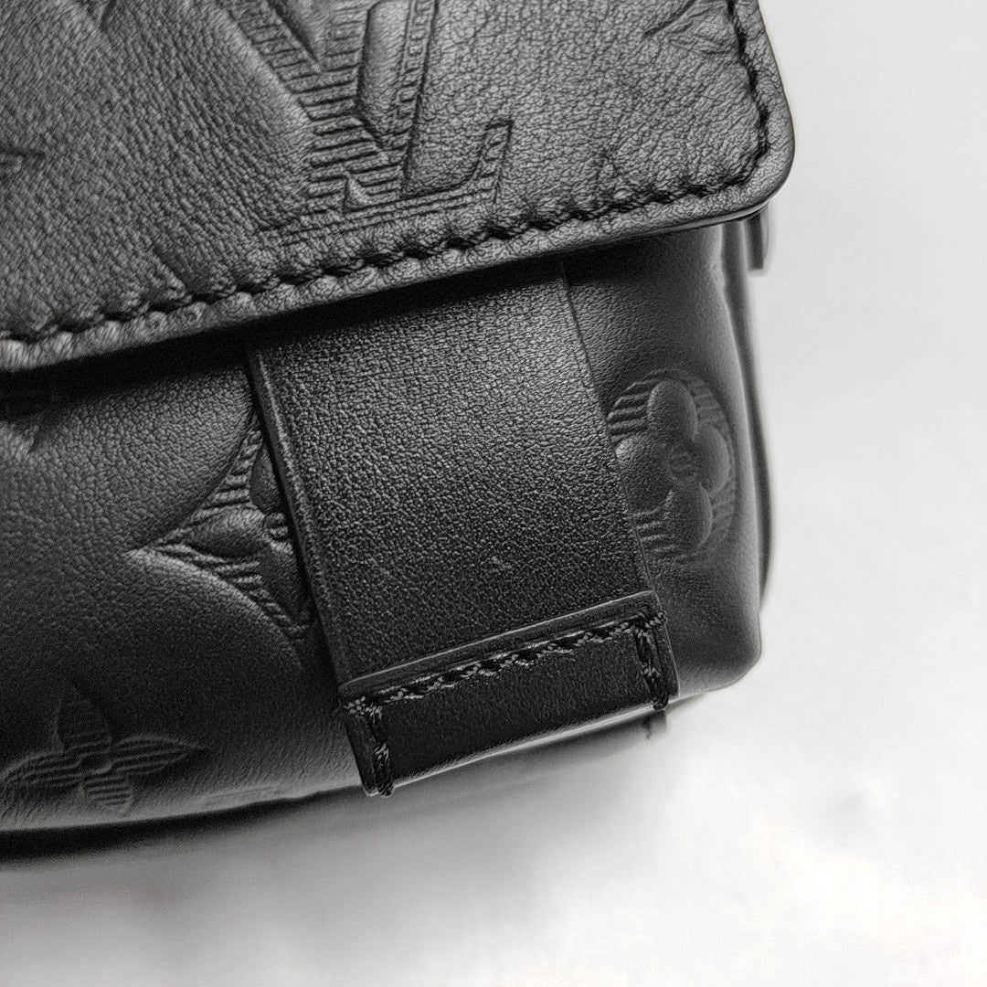 LOUIS VUITTON DOUBLE Black Leather Monogram Camera Bag Crossbody Shoulder Bag Black Hardware Removable Strap-(SKU)-970228770